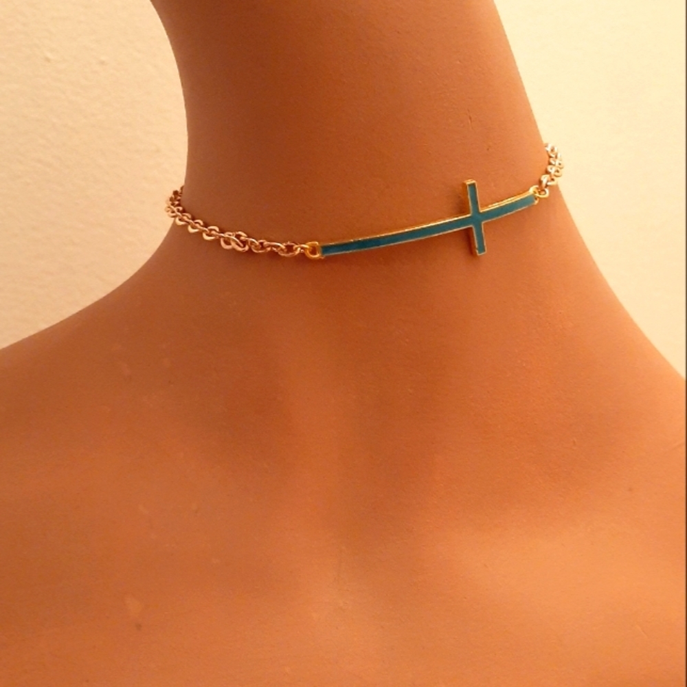 Blue Cross on Gold Chain Necklace.